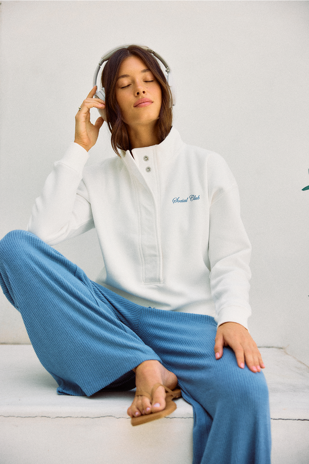 "Social Club" 3/4 Button Sweatshirt - Coconut