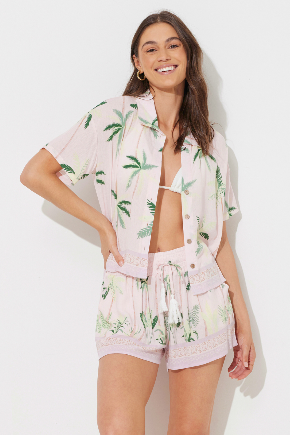Baby Pink W/ Tonal Green Printed Rayon Crinkle Camp Shirt