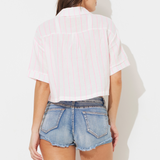 Hot Pink White Striped Gauze Short Sleeve Button Up