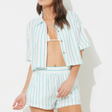 Teal Green White Striped Gauze Short Sleeve Button Up