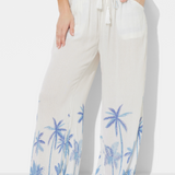 White W/ Tonal Blue Palm Printed Rayon Crinkle Pant