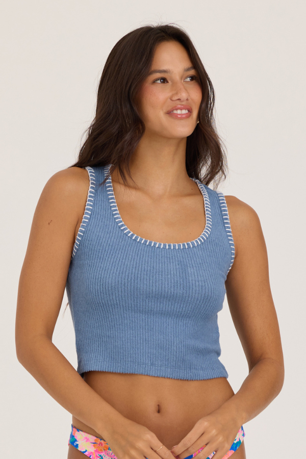 Ribbed Hacci Whip Stitch Tank - Bali Blue/White