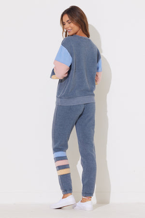 Tidewater Navy W/ Multi Stripes Burnout Colorblock Crewneck