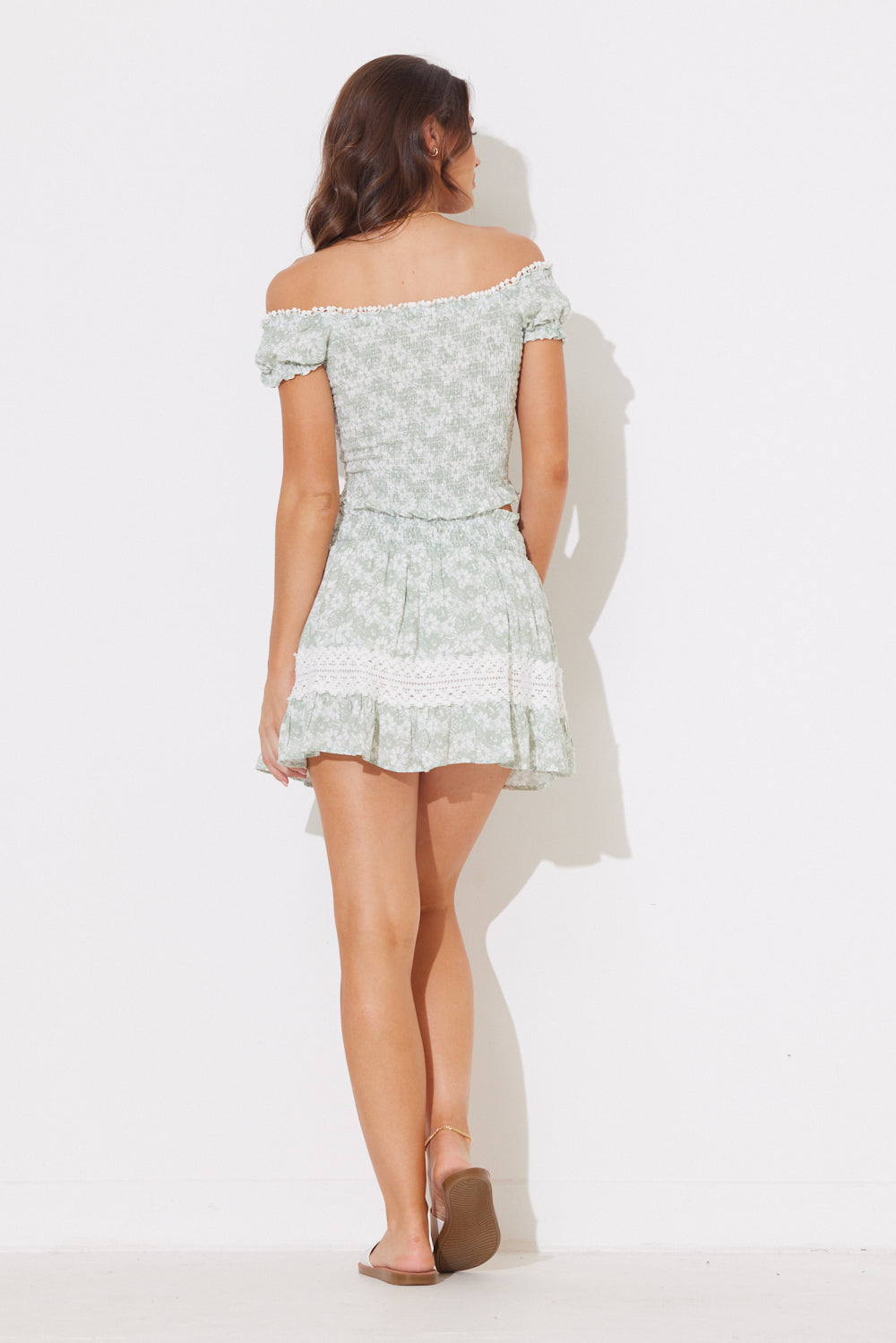 Sage & White Combo Printed Smocked Ruffle Skirt