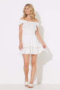 White Smocked Waist Tiered Dress