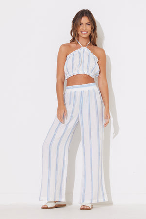 Blue Vertical Stripe Gauze Wide Leg Pant