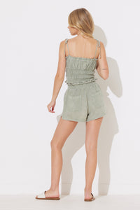 Palm Sage Washed Textured Elastic Waist Short