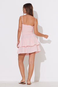 Watermelon Pink Gauze Smocked Tie Front Ruffle Dress