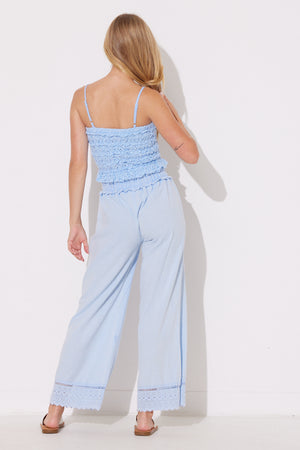 Pacific Blue Washed Crochet and Cotton Gaucho Pant