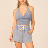 Poolside Blue Washed Texture Fabric Halter Top