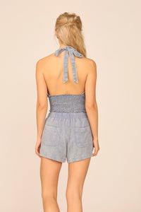 Poolside Blue Washed Texture Fabric Halter Top