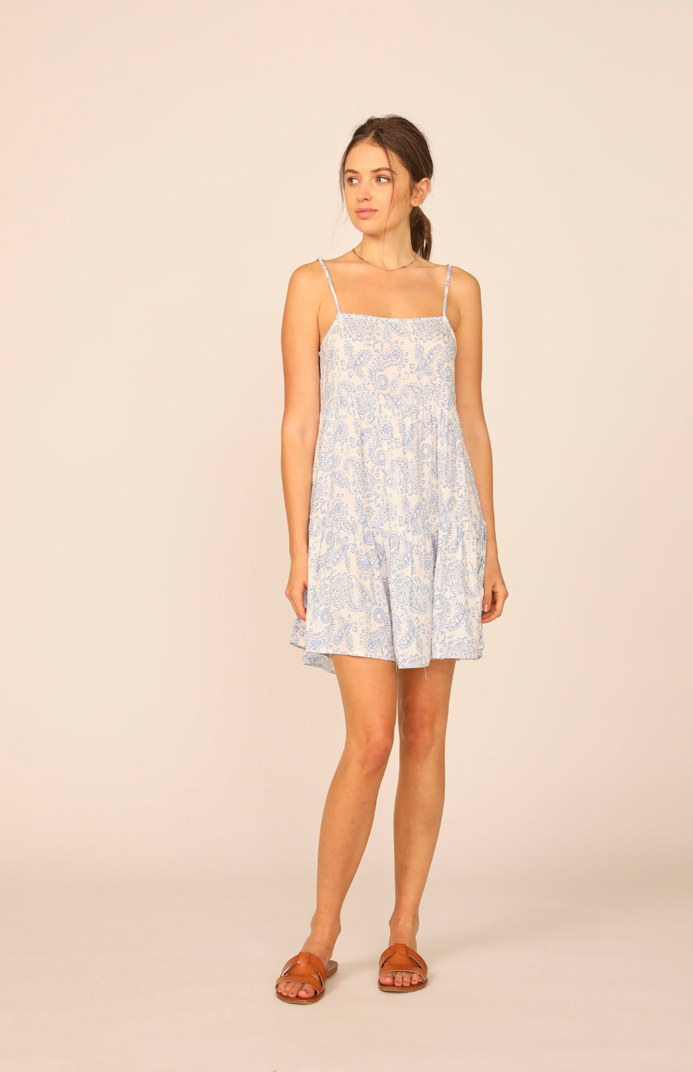 Ivory / Denim Paisley Print Tiered Ruffle Dress