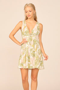 Sage / Khaki Tropical Leaf Printed New Promo Swing Dress