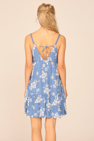 Medium Blue/ White Hibiscus Print V-neck Promo Dress