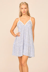 Blue Ditsy Floral Printed New V-neck Promo Dress