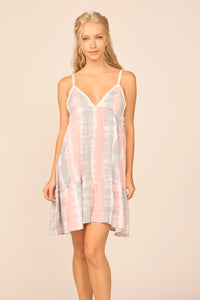 Pink/ Sage Stripey Tie Dye Print V-neck Promo Dress