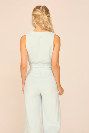 Salty Blue Terry Cloth Surplice W/ Smocked Waist