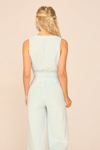 Salty Blue Terry Cloth Surplice W/ Smocked Waist