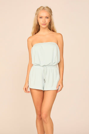 Salty Blue Terry Cloth Strapless Romper W/ Ties