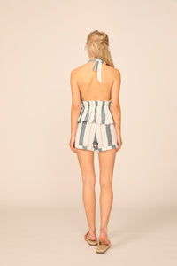 Denim/ Pink Stripe Gauze Shorts W/ Frayed Hem