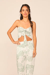 Sage Hawaiian Print Rayon Smocked Tie Front Crop Top