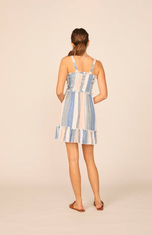 Clearwater Multi Stripe Smocked Back Ruffle Dress