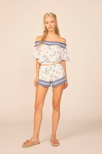 Denim Bandana Printed Off the Shoulder Tie Bottom Top