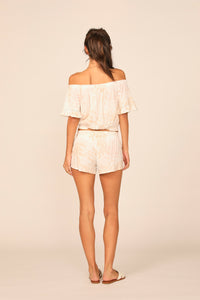Sand Distressed Palm Leaf Off the Shoulder Bell Top Sleeve Top