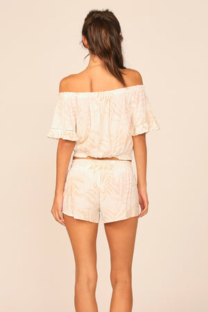 Sand Distressed Palm Leaf Off the Shoulder Bell Top Sleeve Top