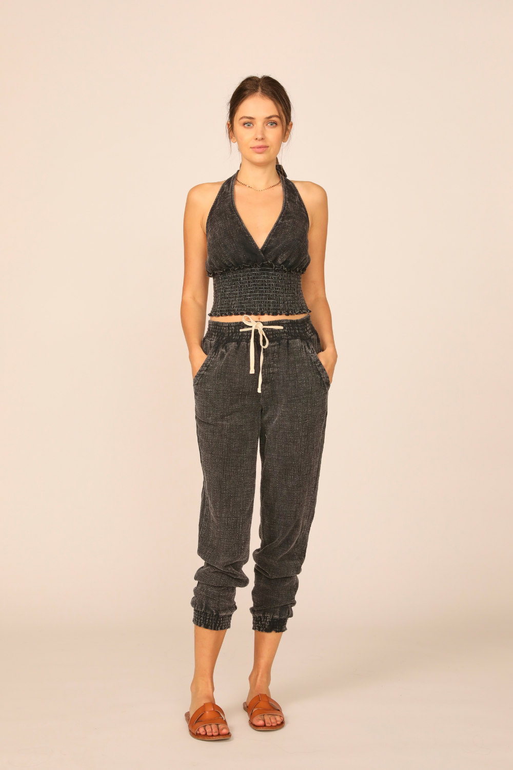 Washed Black Washed Texture Smocked Halter Top