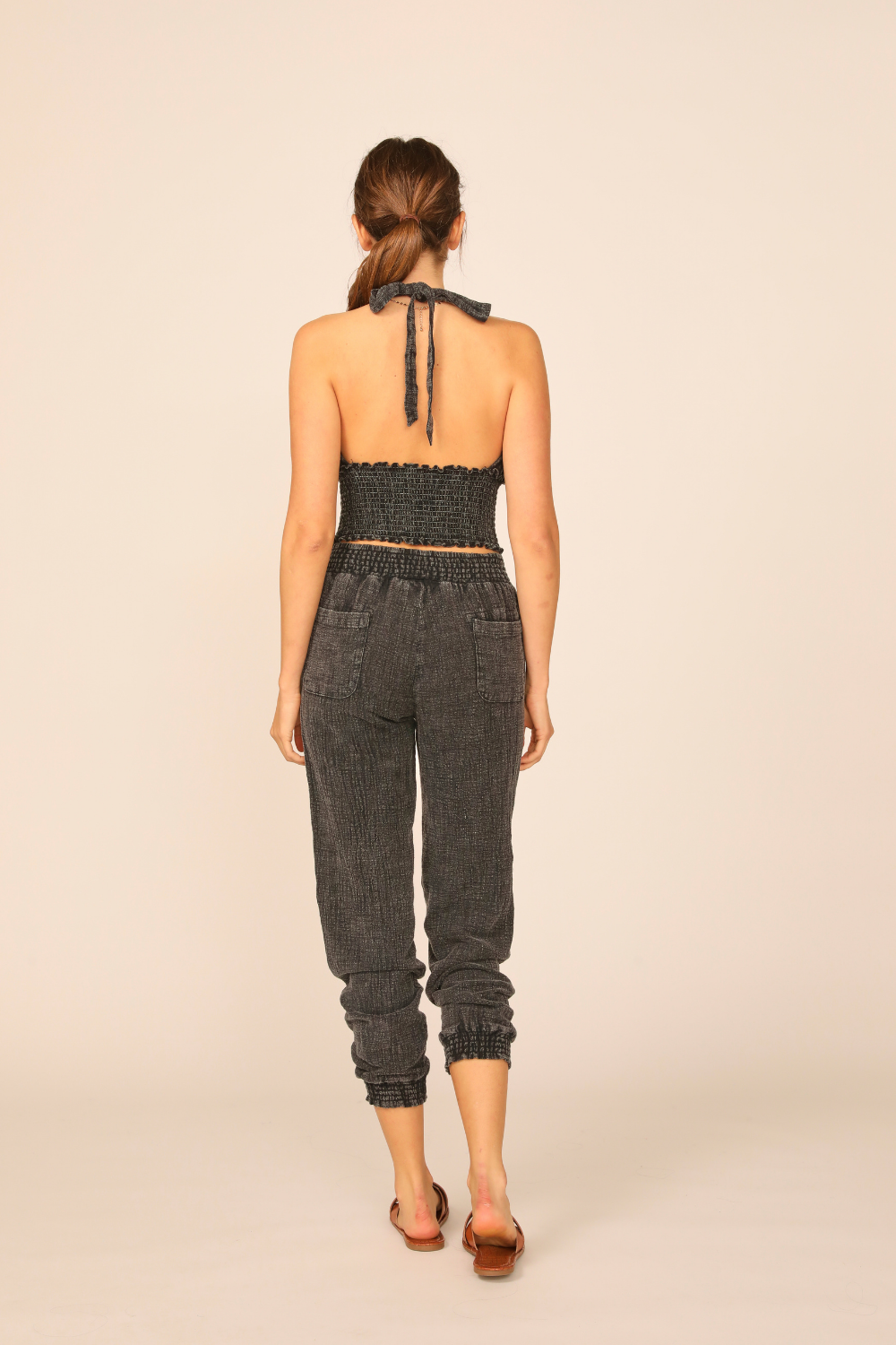 Washed Black Washed Texture Smocked Halter Top