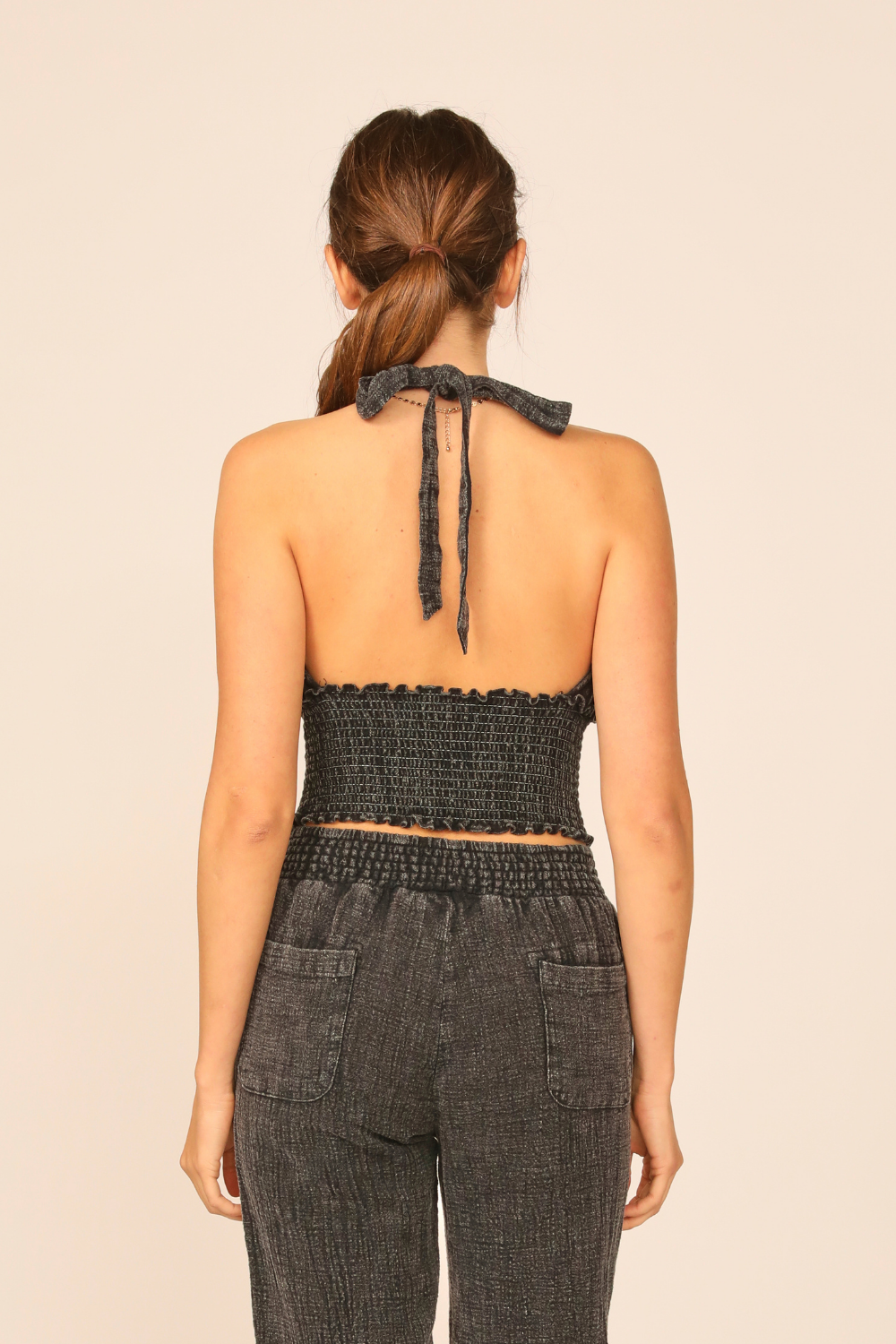Washed Black Washed Texture Smocked Halter Top