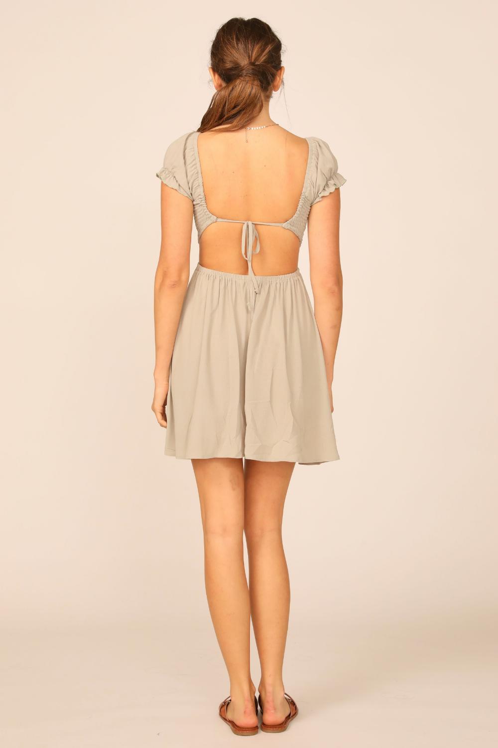 Soft Olive Washed Crepe Smocked Bodice Puff Sleeve Dress