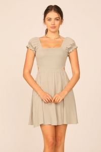 Soft Olive Washed Crepe Smocked Bodice Puff Sleeve Dress