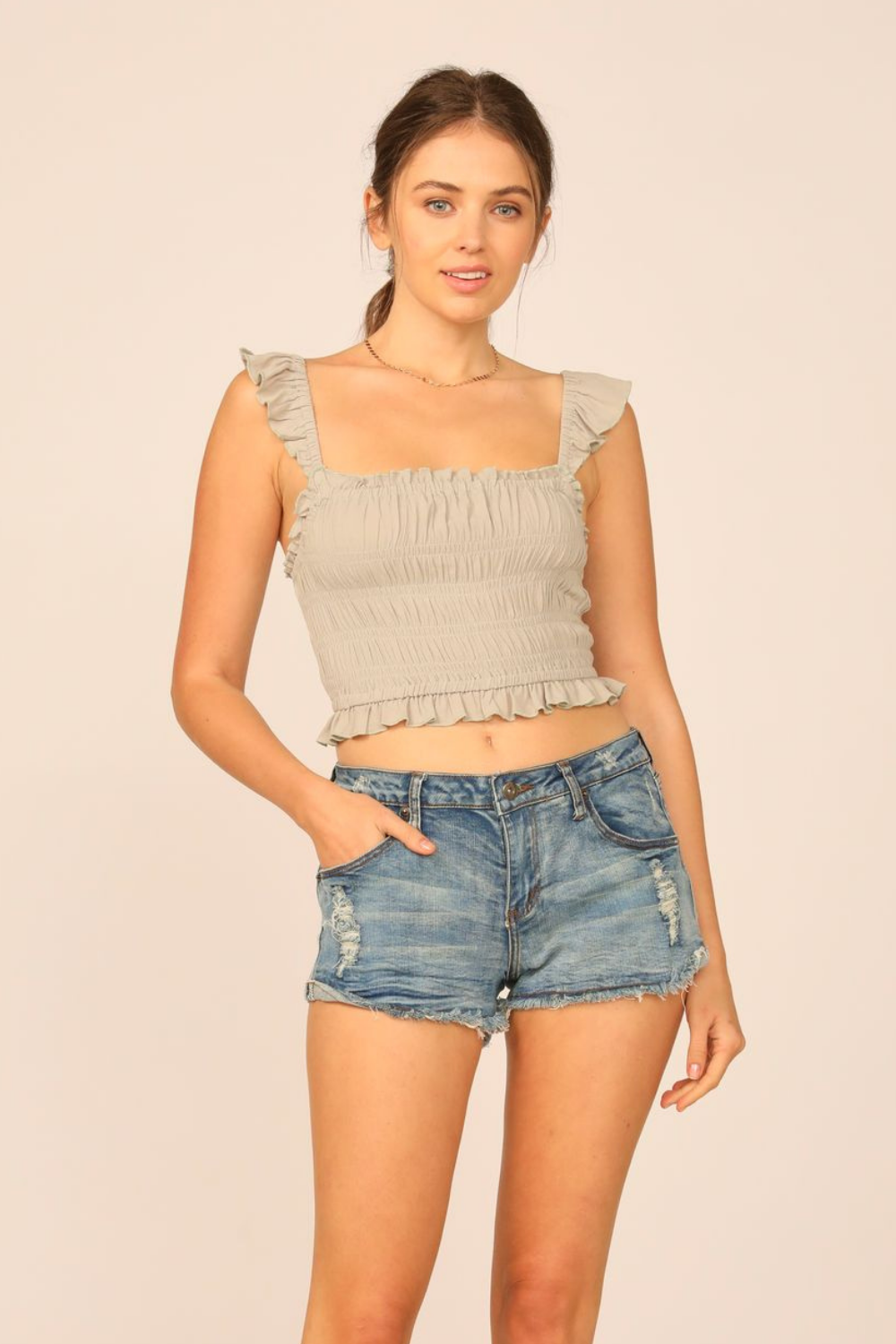 Soft Olive Washed Crepe Smocked Bodice Tank