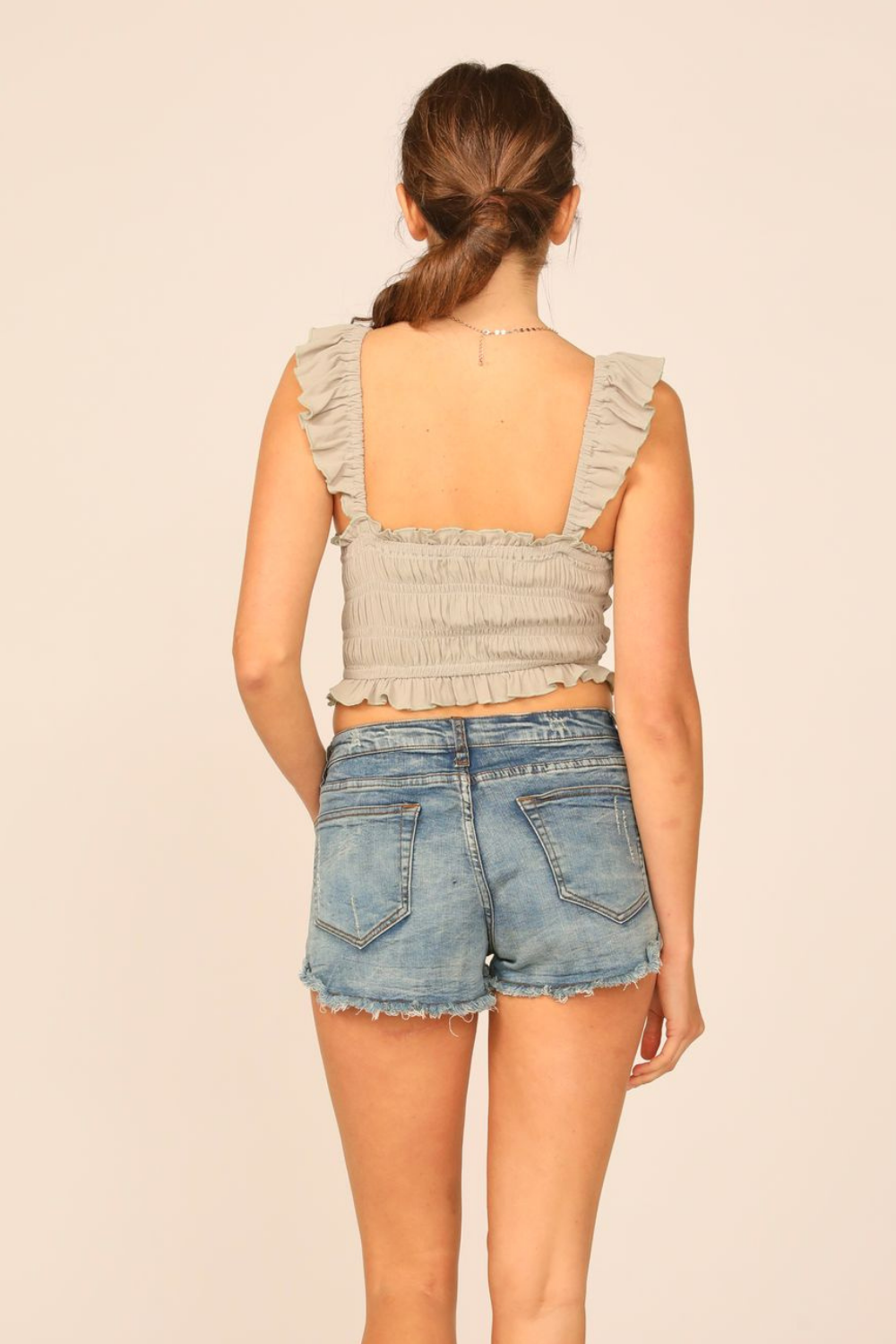 Soft Olive Washed Crepe Smocked Bodice Tank