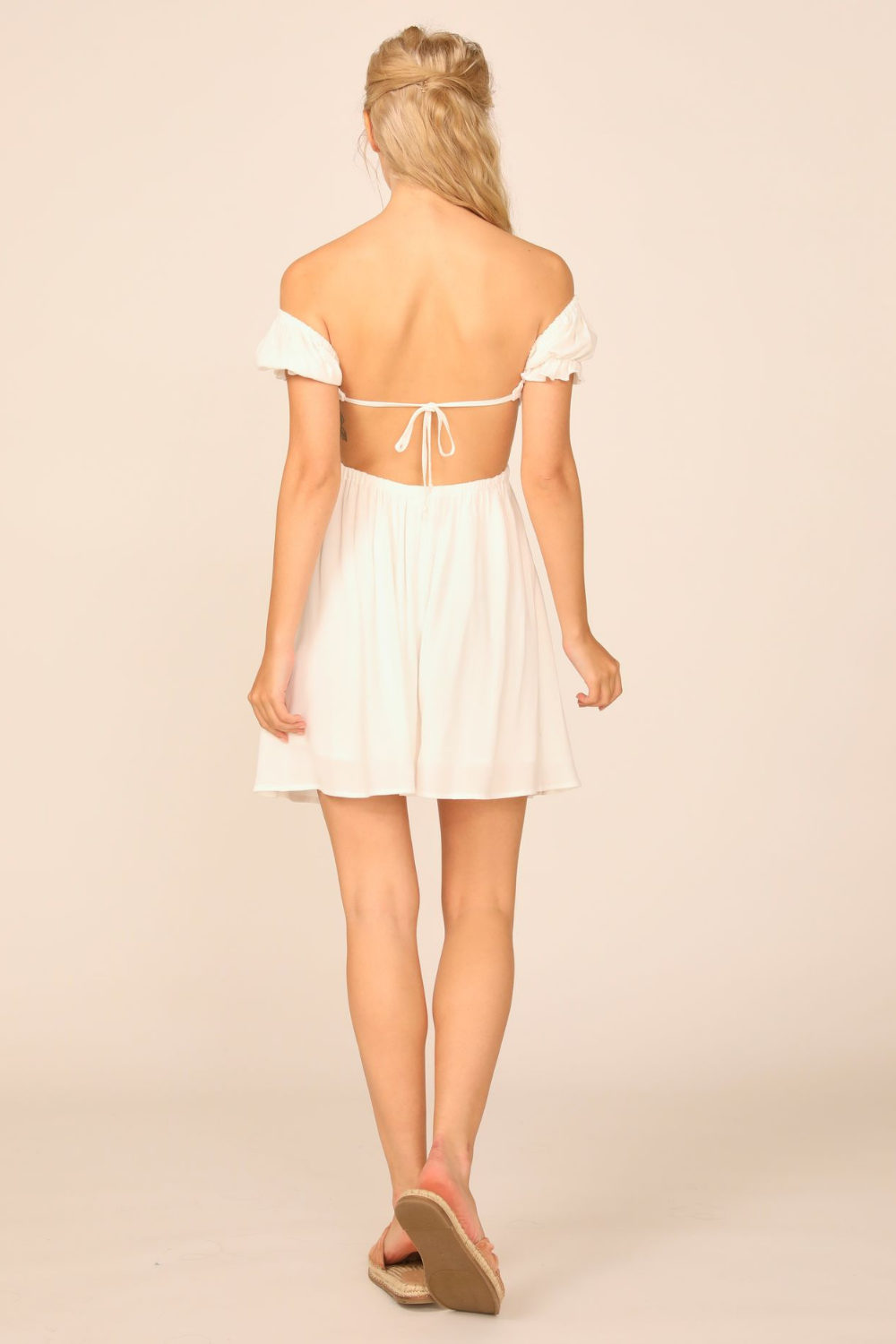 White Washed Crepe Smocked Bodice Puff Sleeve Dress
