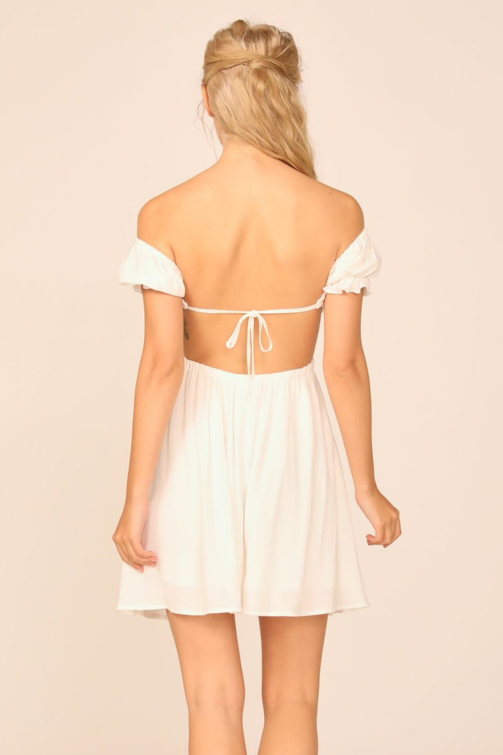 White Washed Crepe Smocked Bodice Puff Sleeve Dress