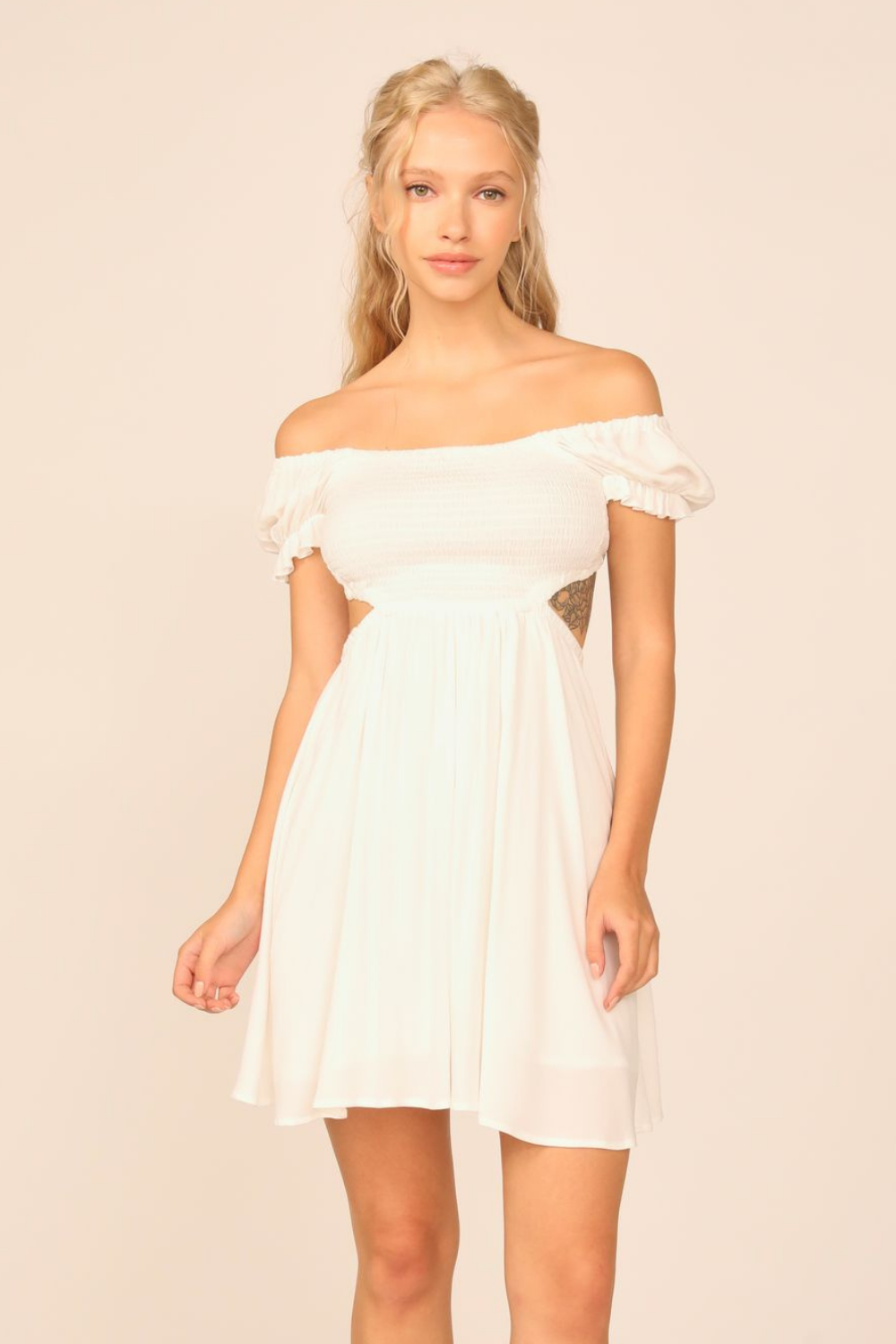 White Washed Crepe Smocked Bodice Puff Sleeve Dress