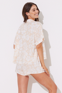 Sand Retro Hawaiian Print Short Sleeve Button Up