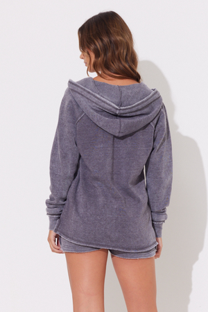 Steel Grey Burnout Pullover Hoodie With Wrap Cords