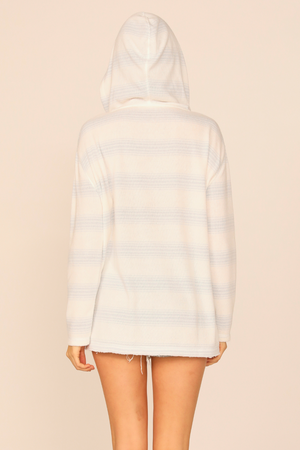 Blue Jean Stripe Terry Texture Lace Up Hoodie