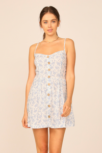 Ivory/Blue Floral Print Button Front Dress