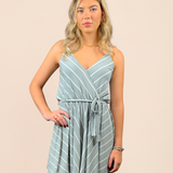 Sage/ White Stripe Wrap Bodice Dress