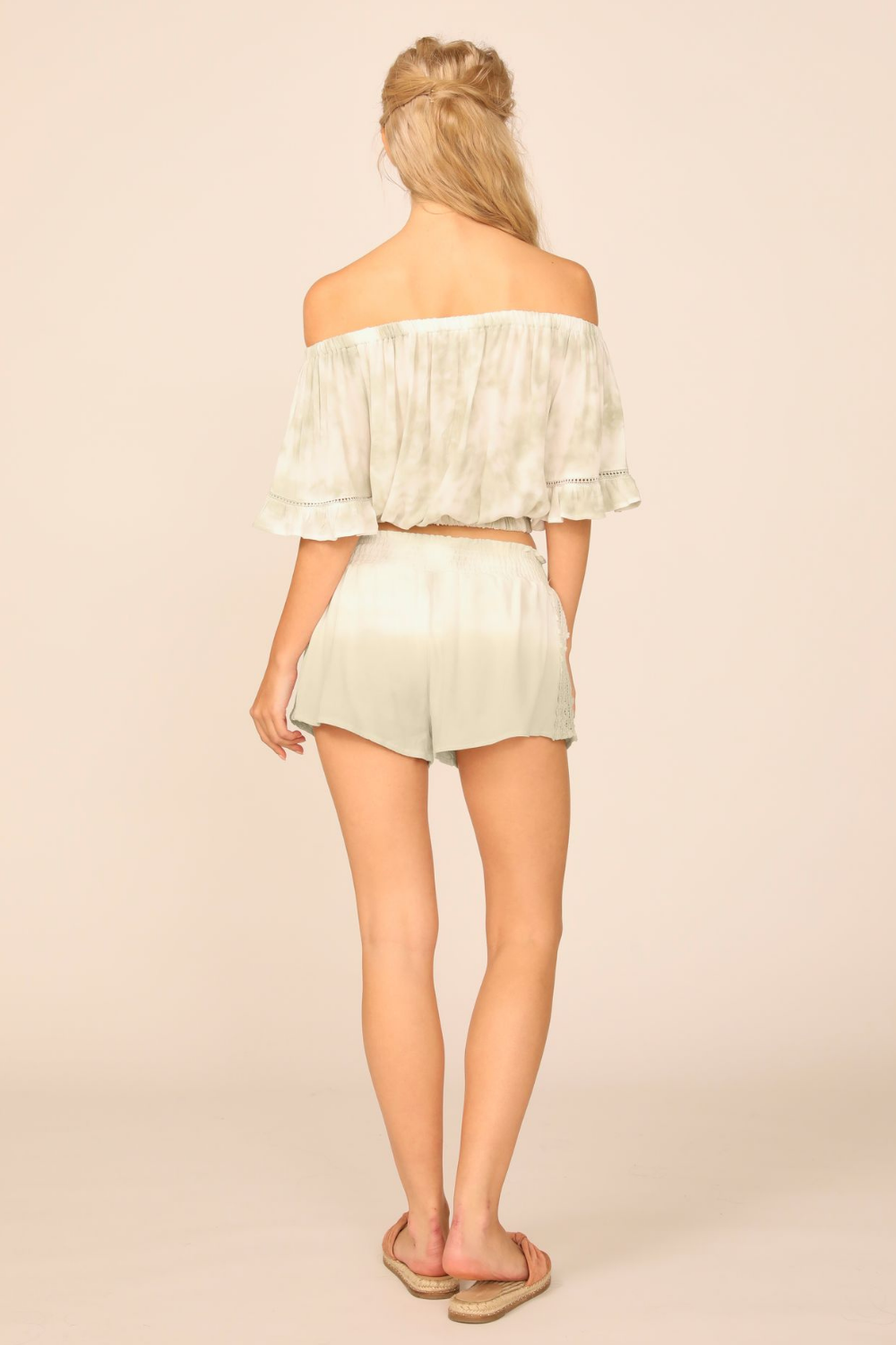 Summer White/Olive Dip Dye Crochet Trim Crepe Off Shoulder Top