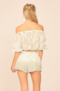Summer White/Olive Dip Dye Crochet Trim Crepe Off Shoulder Top