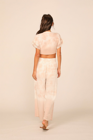 Summer White / Sand Dip Dye Crochet Trim Tie Front Top