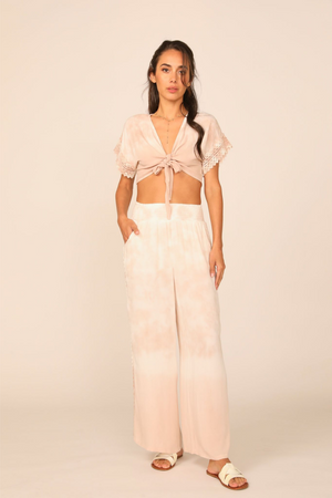 Summer White / Sand Dip Dye Crochet Trim Tie Front Top