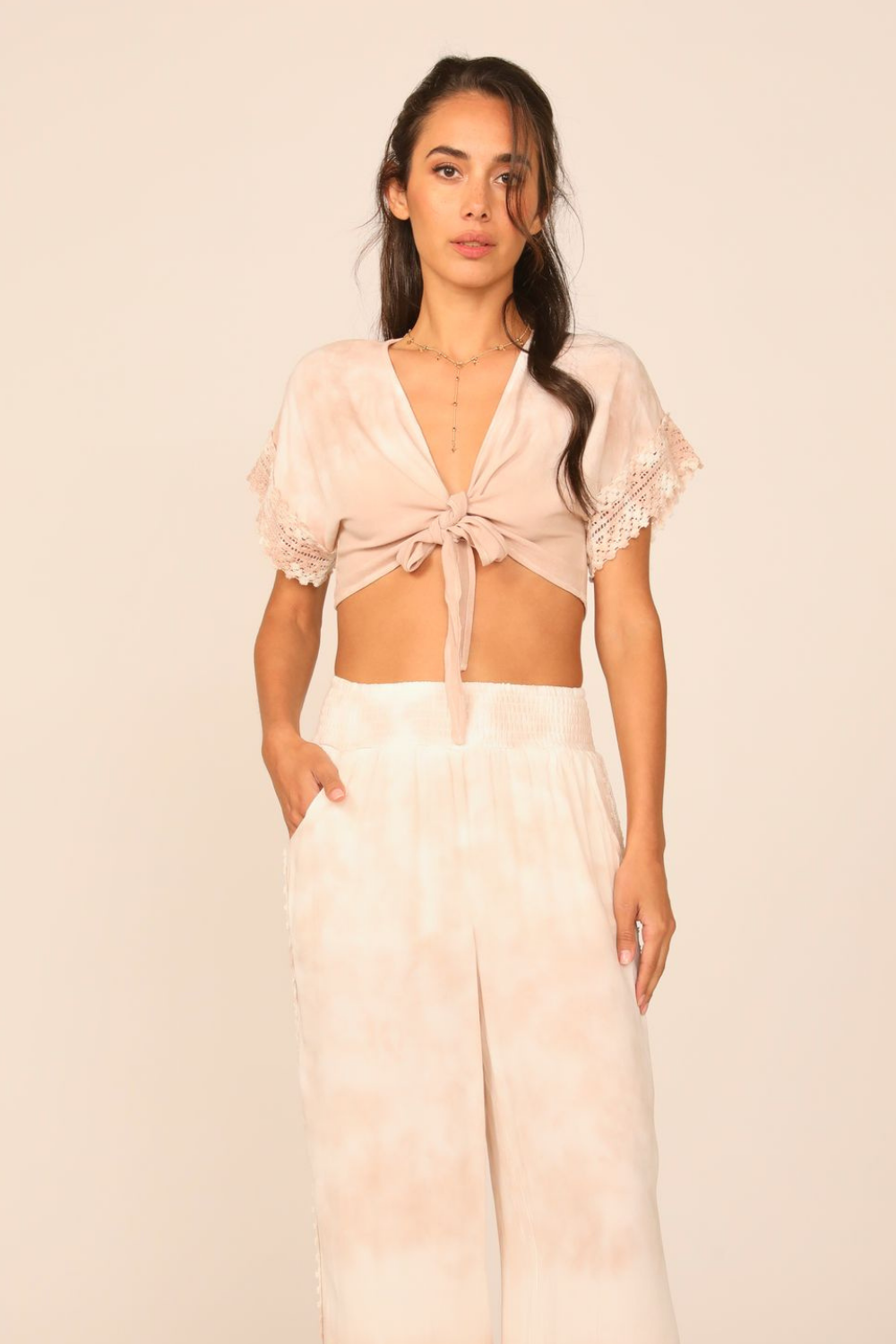 Summer White / Sand Dip Dye Crochet Trim Tie Front Top