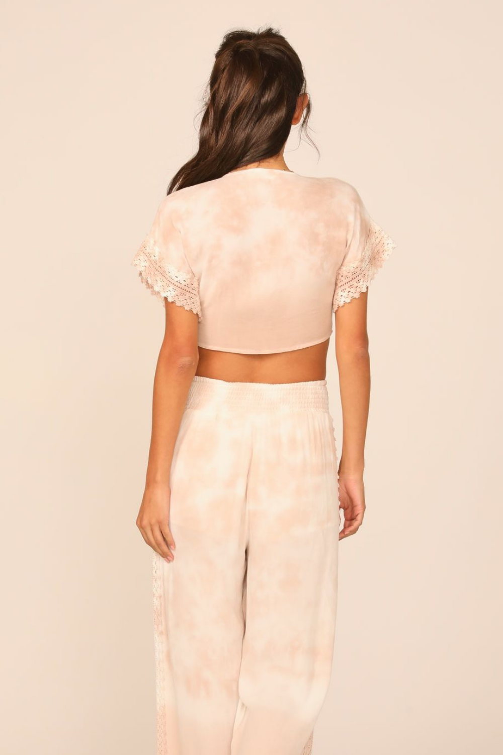 Summer White / Sand Dip Dye Crochet Trim Tie Front Top